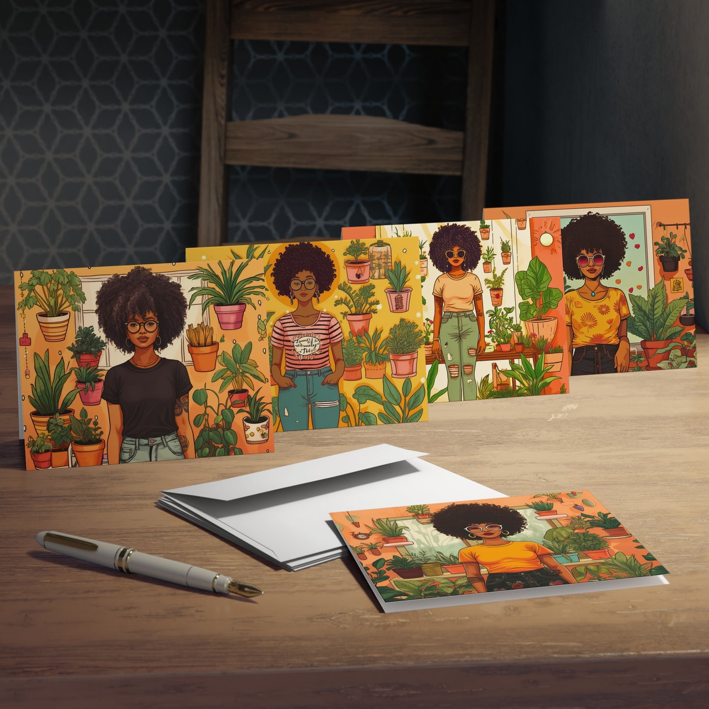 Plant Mom Collection | Tequlia Sunrise | Multi-Design Blank Greeting Cards | 5-Pack | Black Woman | By Her Beloved Plant Babies |