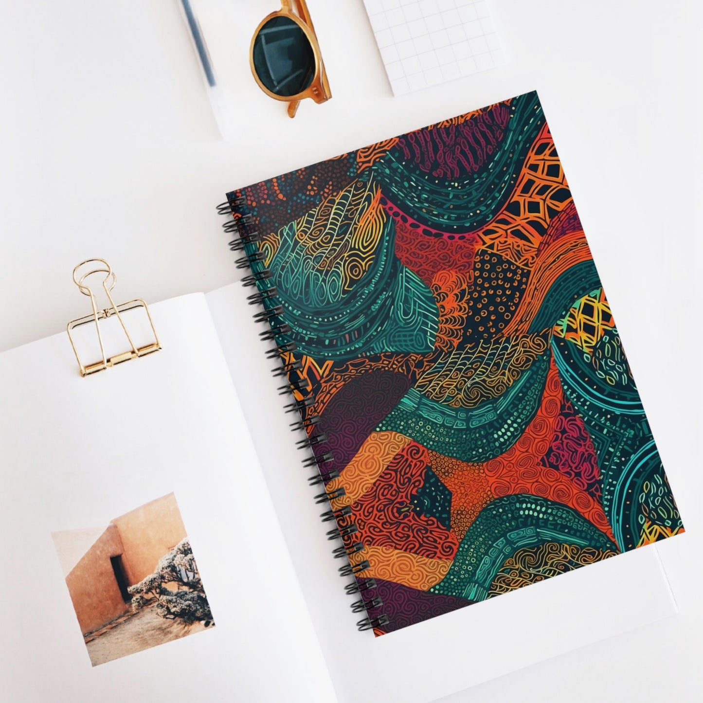 Kente Kaleidoscope| Spiral Notebook | Ruled Line | African Wax Print | Orange,Teal |