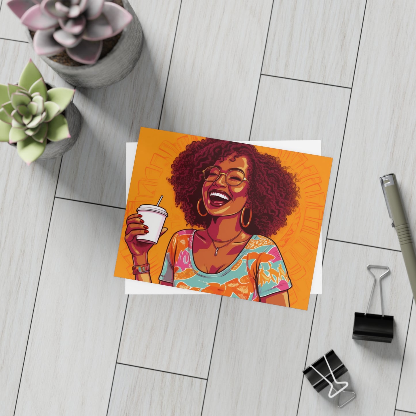 | Coffee Break Collection | Postcard Bundles (envelopes included) | Black African American Women with Coffee | Orange |