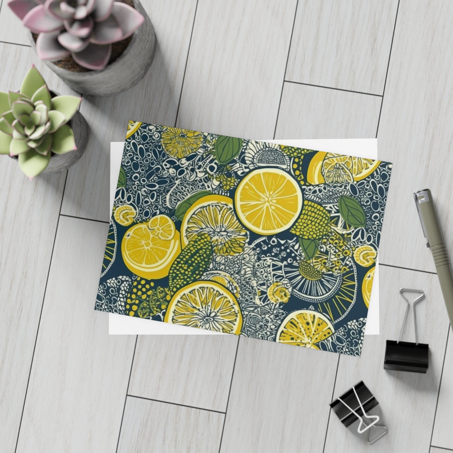 Lemons and Leaves: Lemonade brunch Blue Postcard Bundles |envelopes included | African Wax Print |