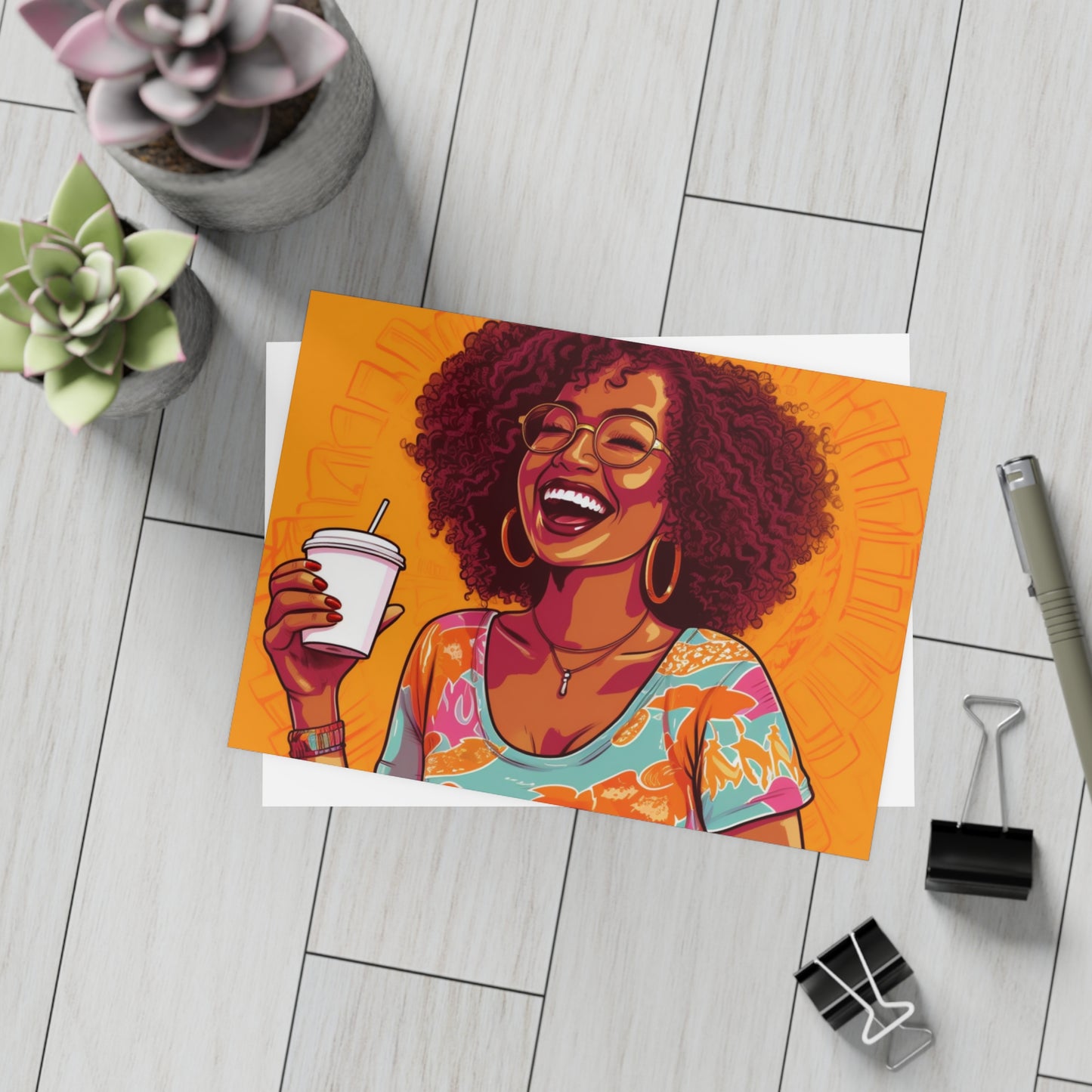 | Coffee Break Collection | Postcard Bundles (envelopes included) | Black African American Women with Coffee | Orange |