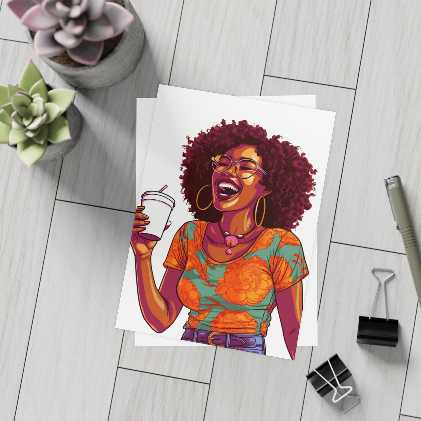 Coffee Break Collection | Jill | Black African American Women with Coffee | Black Joy | Orange |