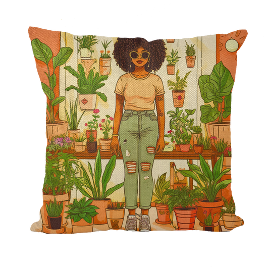 Plant Mom Collection | Peach Dream | Black Woman | By Her Beloved Plant Babies | Throw Pillow with Insert