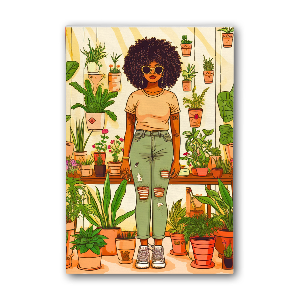 Plant Mom Collection | Peach Dream | Black Woman | By Her Beloved Plant Babies | Premium Stretched Canvas