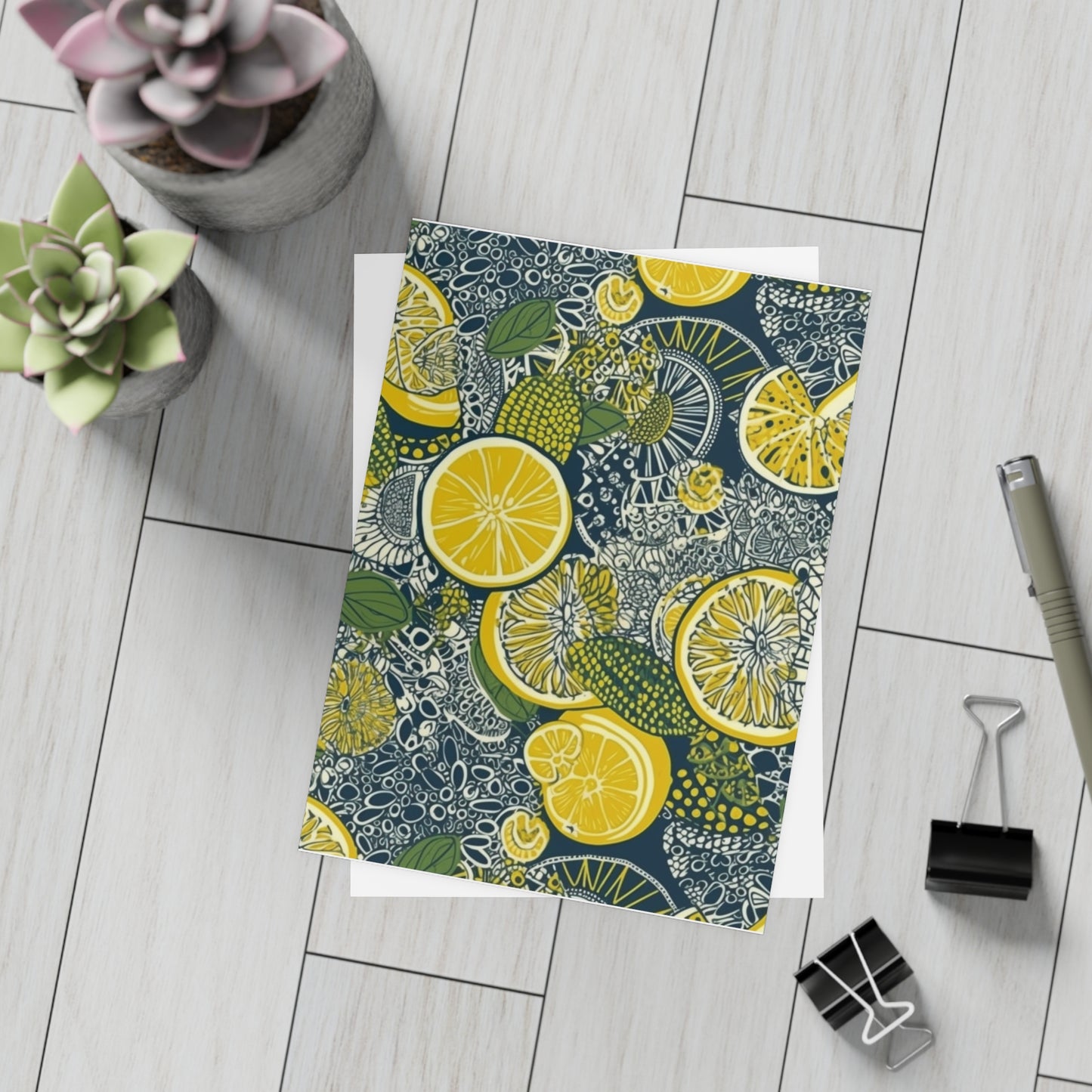 Lemons and Leaves: Lemonade brunch Blue Postcard Bundles |envelopes included | African Wax Print |