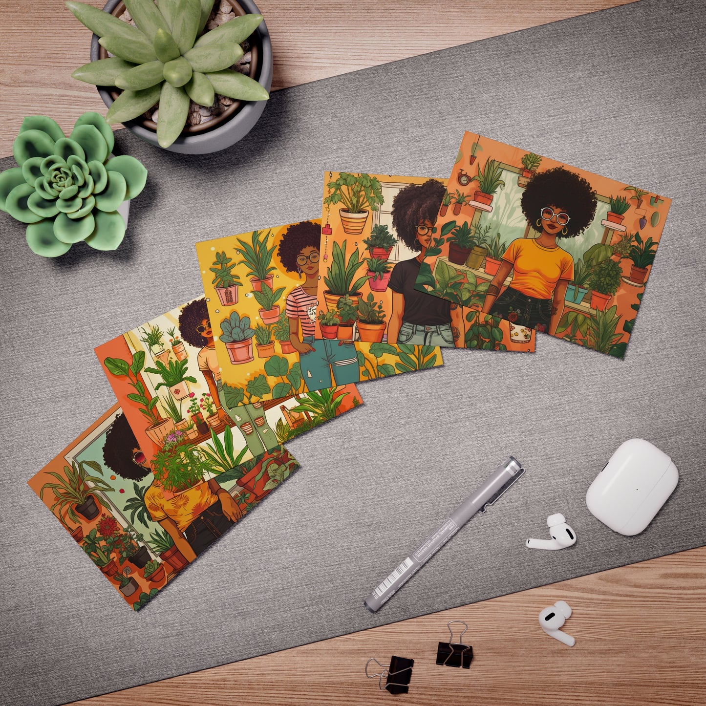 Plant Mom Collection | Tequlia Sunrise | Multi-Design Blank Greeting Cards | 5-Pack | Black Woman | By Her Beloved Plant Babies |