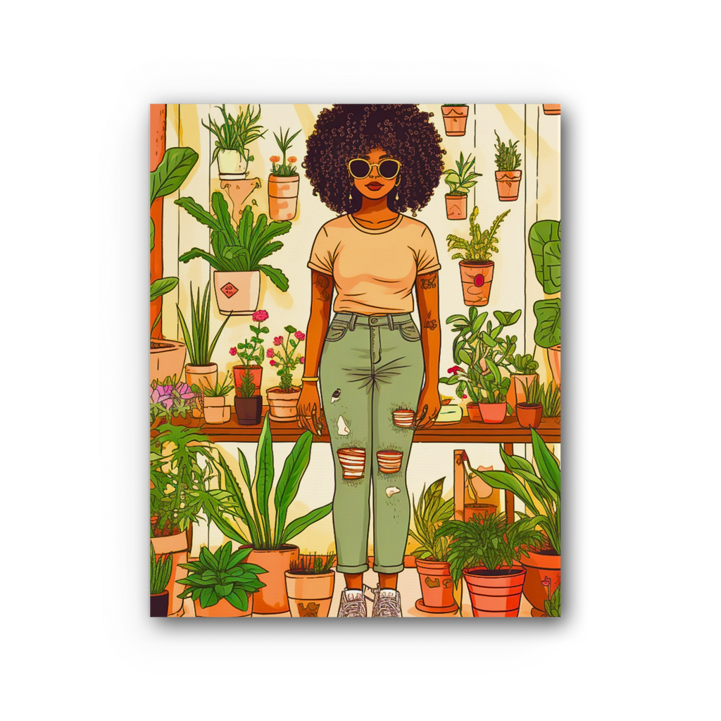 Plant Mom Collection | Peach Dream | Black Woman | By Her Beloved Plant Babies | Premium Stretched Canvas