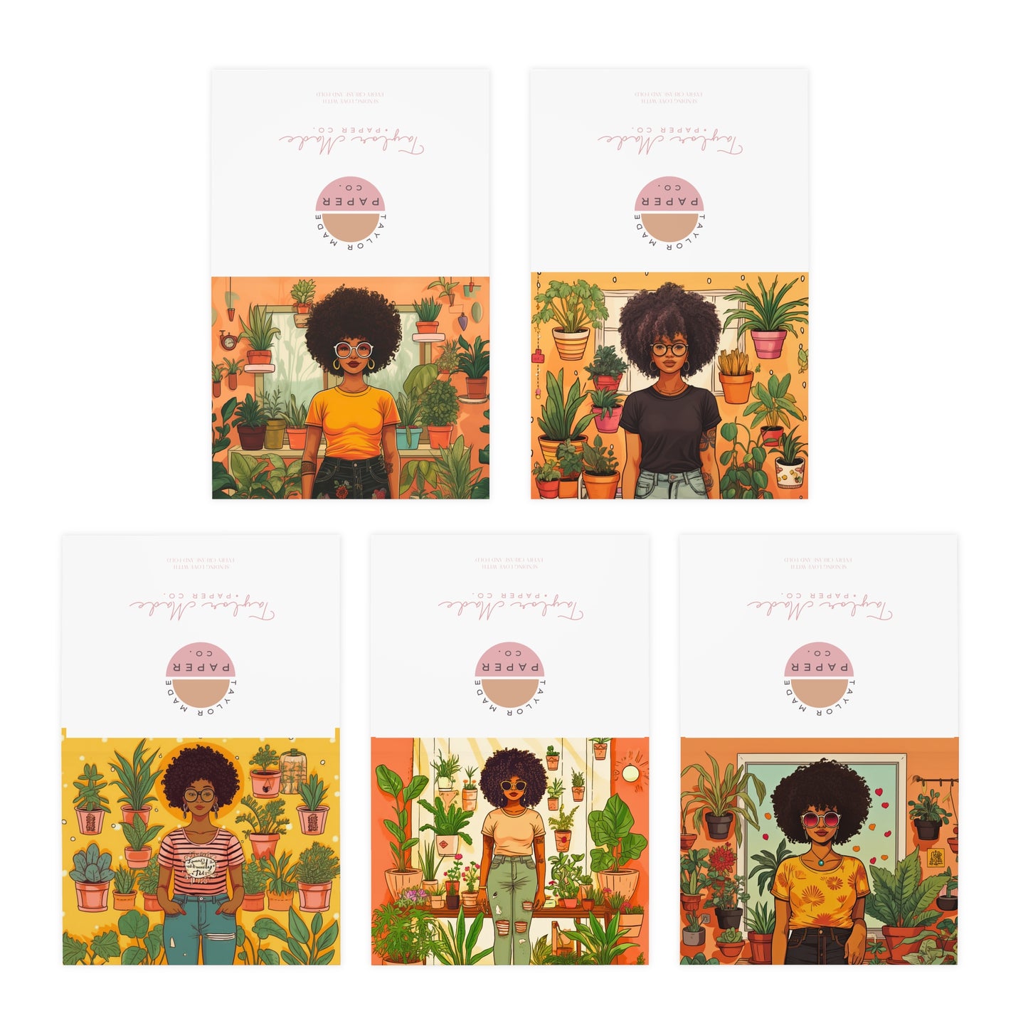 Plant Mom Collection | Tequlia Sunrise | Multi-Design Blank Greeting Cards | 5-Pack | Black Woman | By Her Beloved Plant Babies |