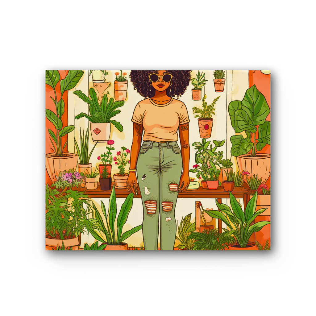 Plant Mom Collection | Peach Dream | Black Woman | By Her Beloved Plant Babies | Premium Stretched Canvas