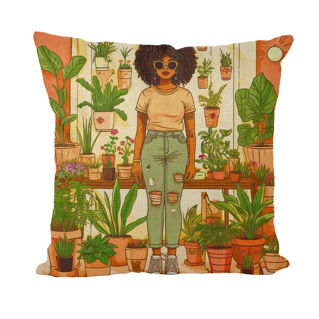 Plant Mom Collection | Peach Dream | Black Woman | By Her Beloved Plant Babies | Throw Pillow with Insert