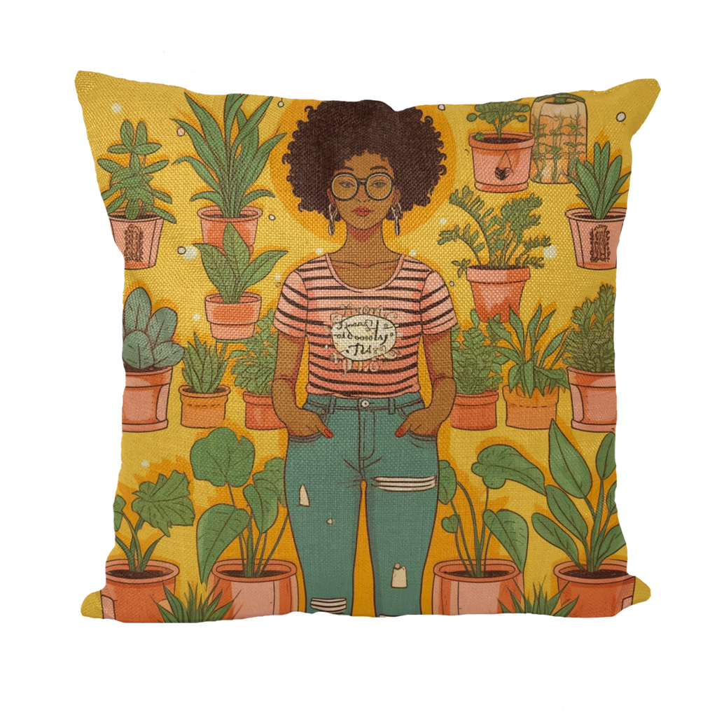 Plant Mom Collection | Trina  Sunshine| Black Women | Throw Pillow with Insert