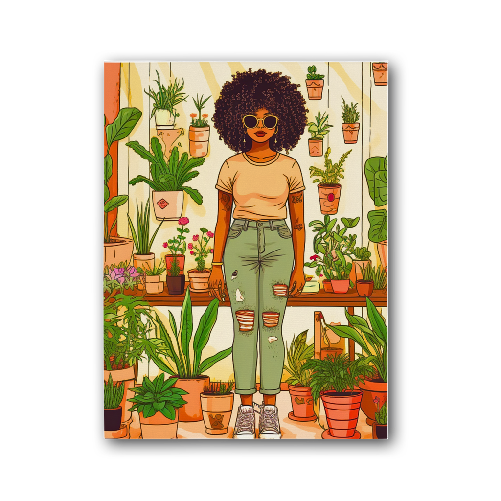 Plant Mom Collection | Peach Dream | Black Woman | By Her Beloved Plant Babies | Premium Stretched Canvas