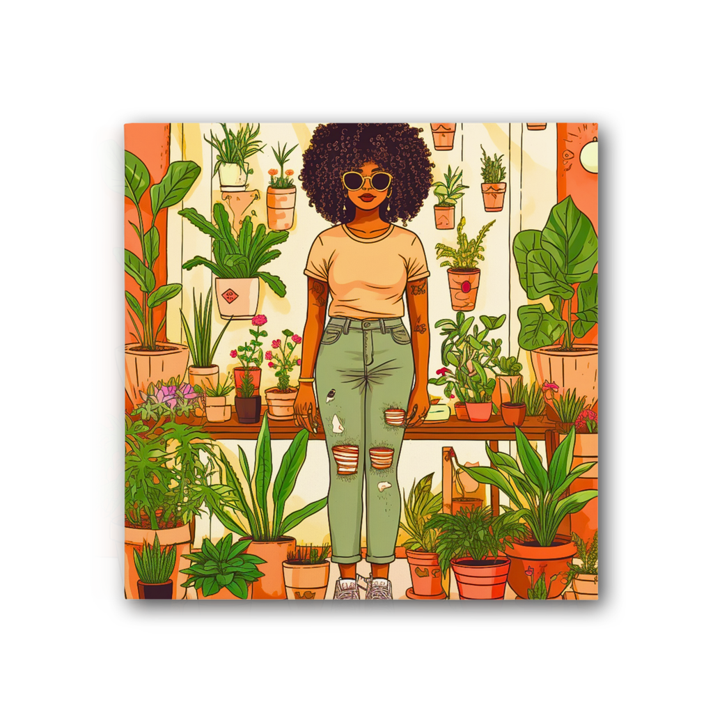 Plant Mom Collection | Peach Dream | Black Woman | By Her Beloved Plant Babies | Premium Stretched Canvas