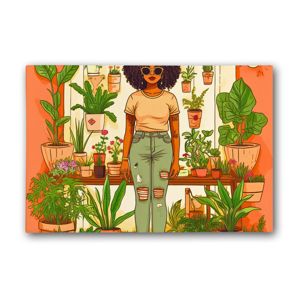 Plant Mom Collection | Peach Dream | Black Woman | By Her Beloved Plant Babies | Premium Stretched Canvas