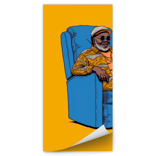 Magnetic notepad featuring artwork of an older African American man relaxing in a chair, dressed in mustard yellow and blue, symbolizing fatherhood, wisdom, and cultural pride.